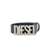 Diesel Kids Cintura in Pelle Nera con Fibbia Logo Metallica per Bambini