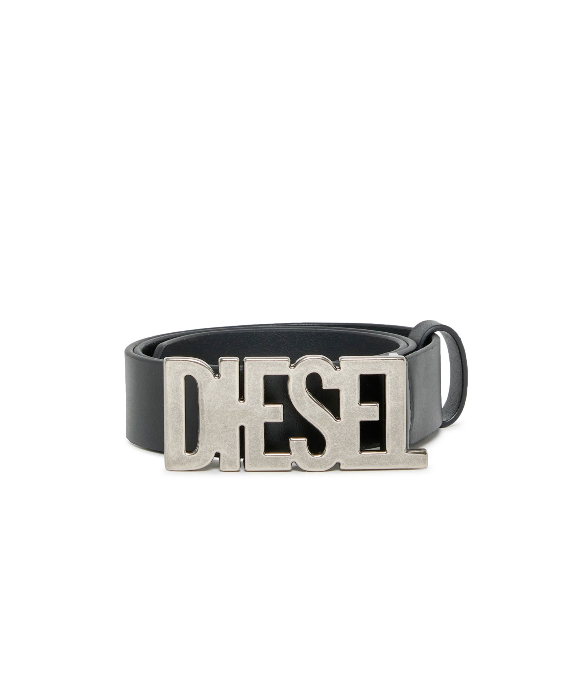 Diesel Kids Cintura in Pelle Nera con Fibbia Logo Metallica per Bambini