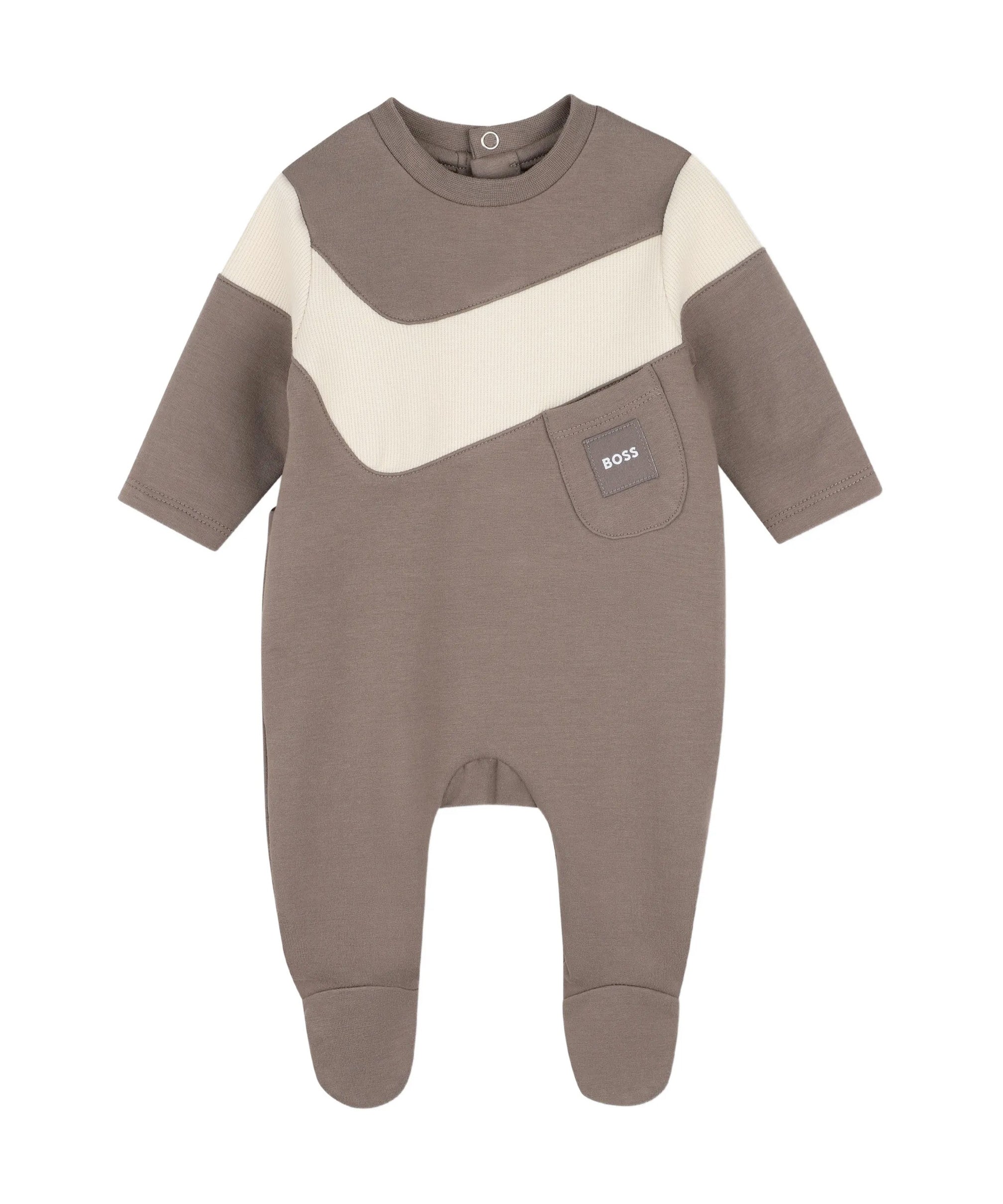 Hugo Boss Kids Tutina Intera Tortora in Cotone con Inserto Panna e Logo per Neonati