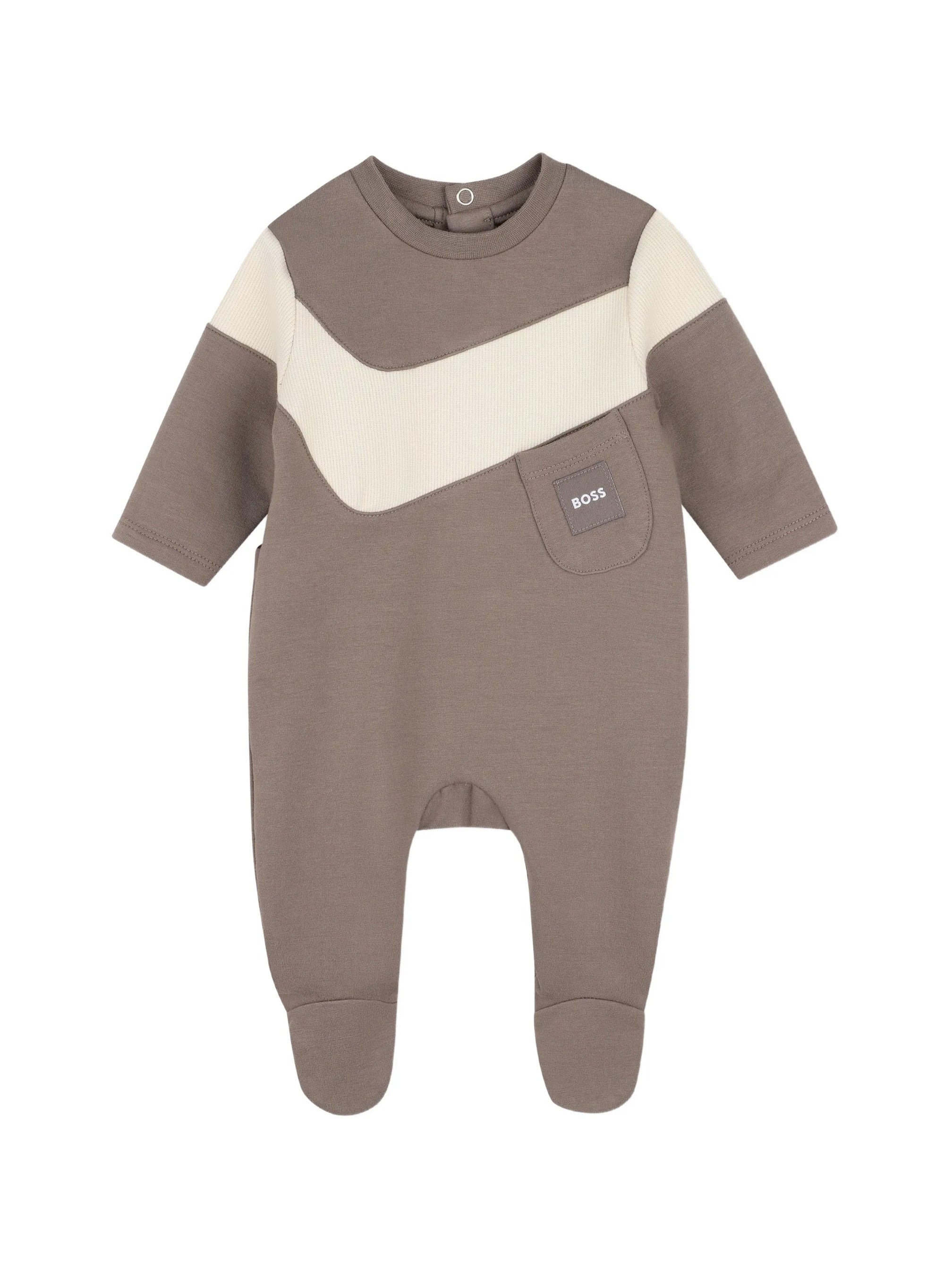 Hugo Boss Kids Tutina Intera Tortora in Cotone con Inserto Panna e Logo per Neonati