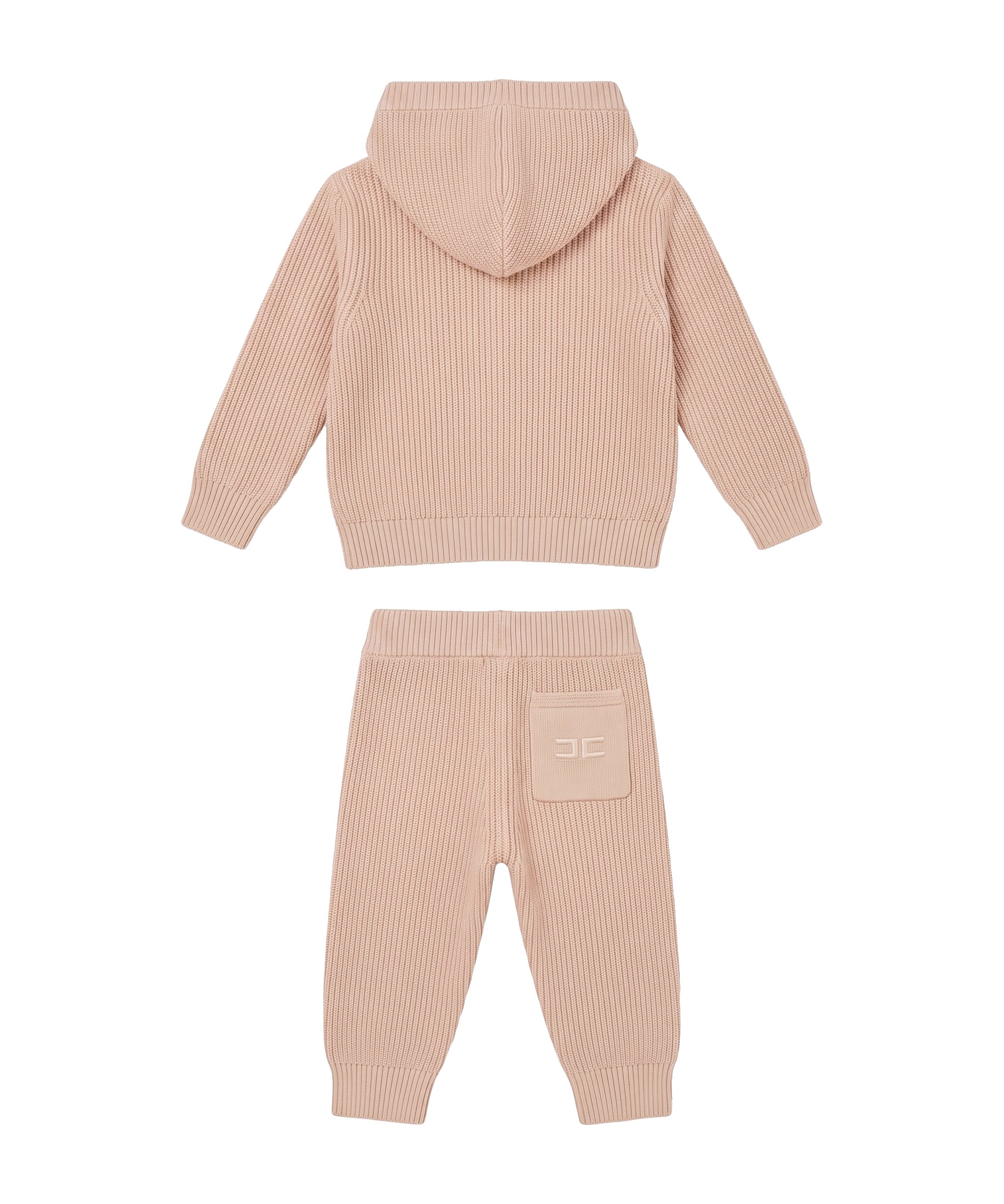 Elisabetta Franchi Kids Completo Rosa Cipria in Maglia a Coste con Cardigan Cappuccio e Pantaloni e Logo per Neonate