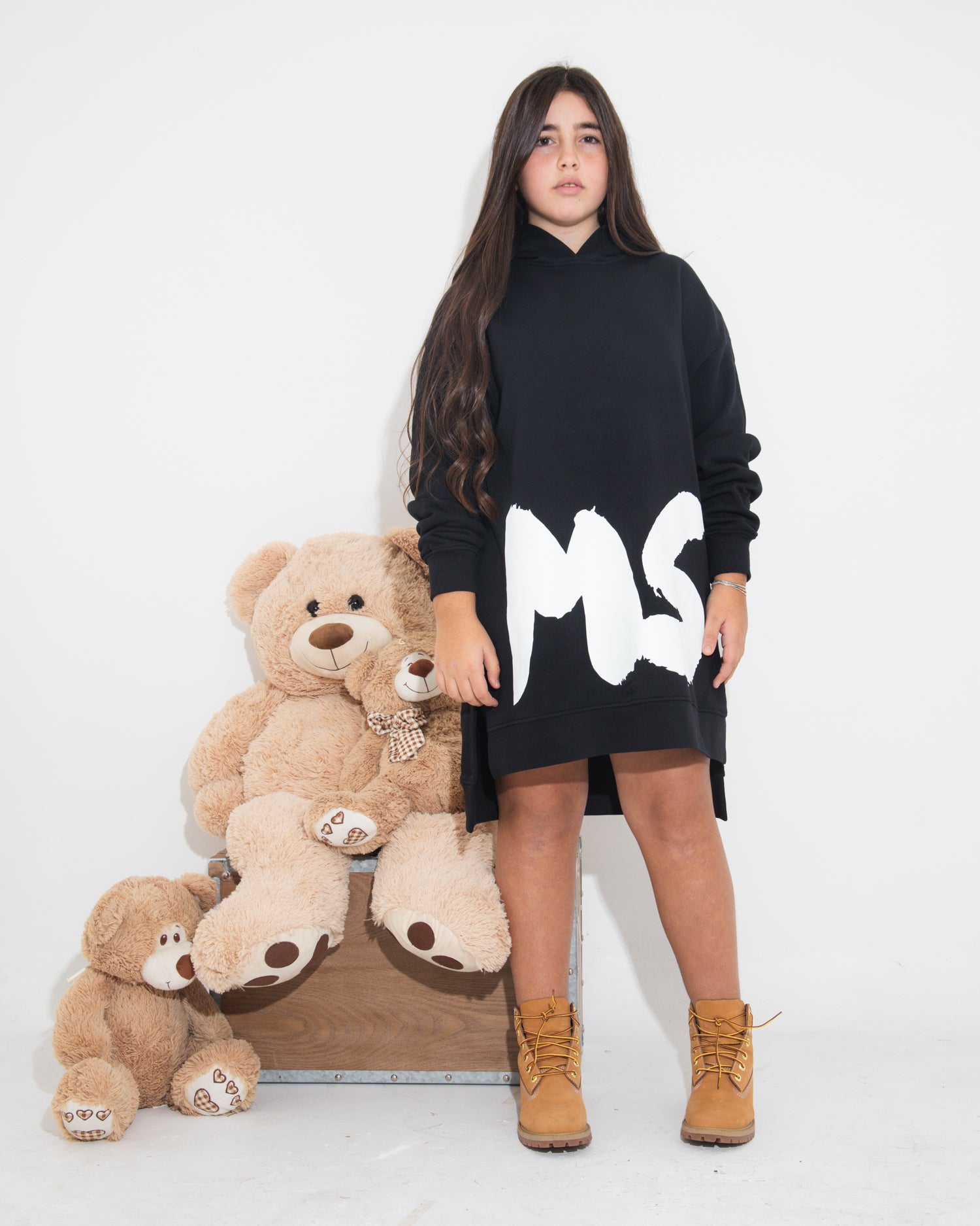 MSGM Kids Abito Nero con Cappuccio con Logo per Bambine