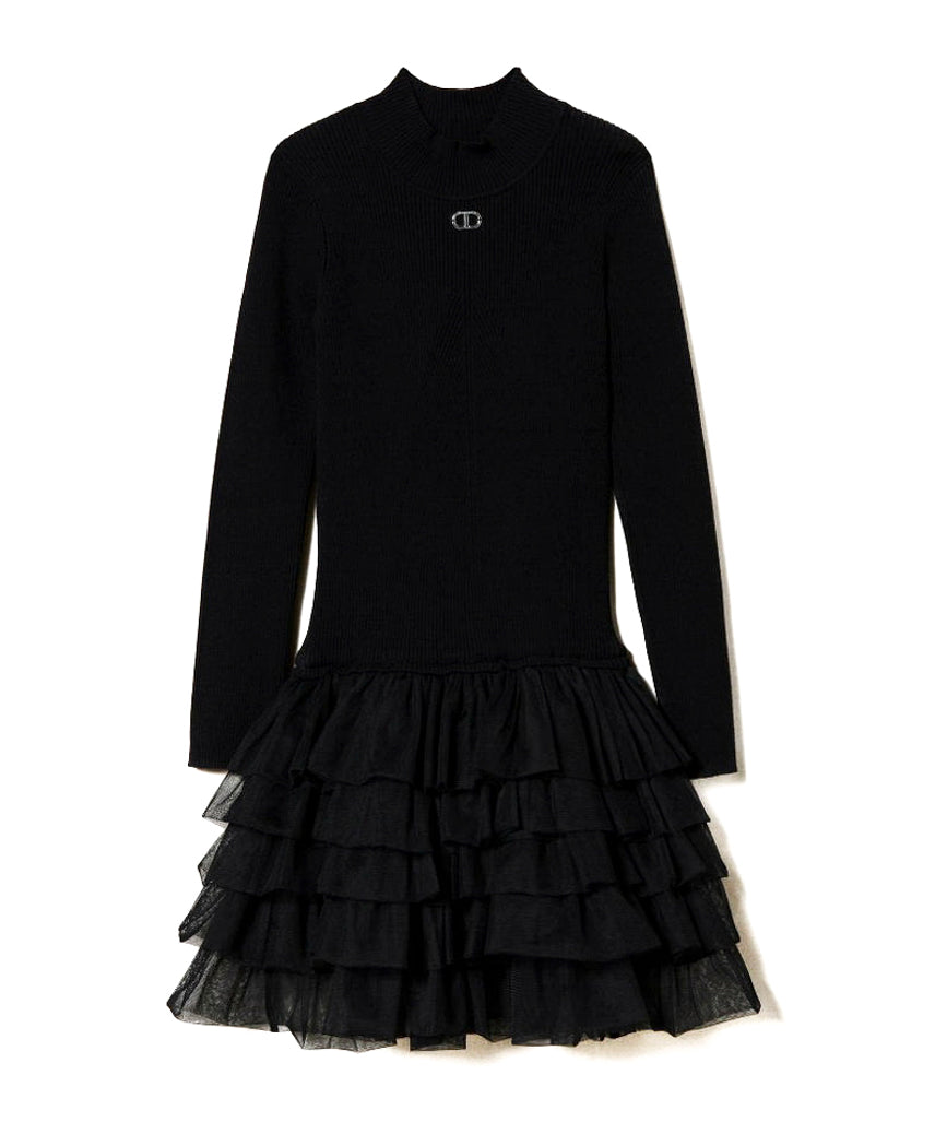 Twinset Kids Abito Nero a Costine con Gonna Tulle per Bambine
