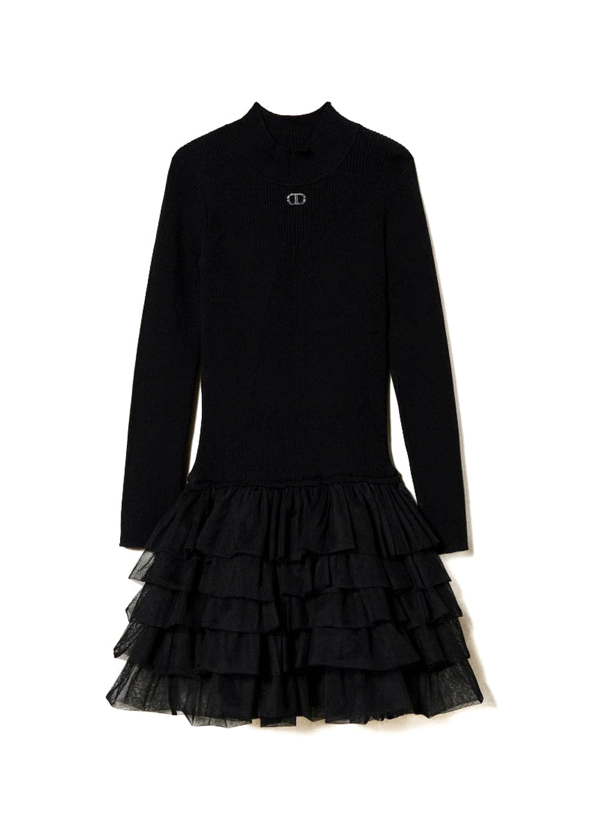 Twinset Kids Abito Nero a Costine con Gonna Tulle per Bambine