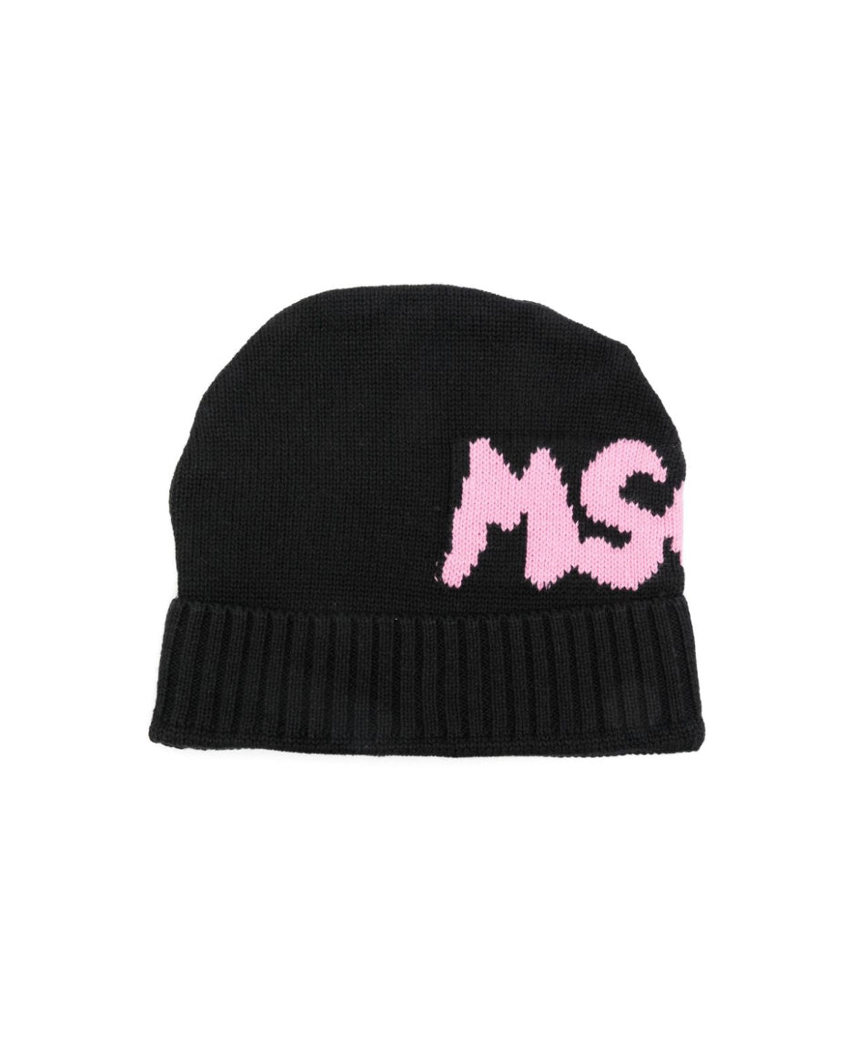 MSGM Kids Cappello Beanie Nero/Rosa con Stampa per Bambine