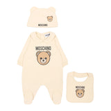 Moschino Kids Set Nascita Beige con Tutina, Cappellino e Bavaglino con Stampa Teddy Bear e Logo per Neonati e Neonate