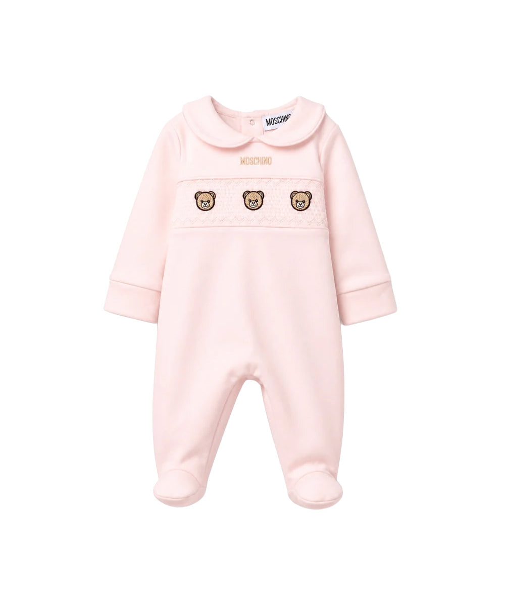 Moschino Kids Tutina Rosa con Colletto, Teddy Bear Ricamati e Logo per Neonate
