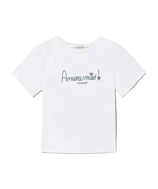 Twinset Kids T-Shirt Bianco con Ricamo Azzurro per Bambine e Neonate