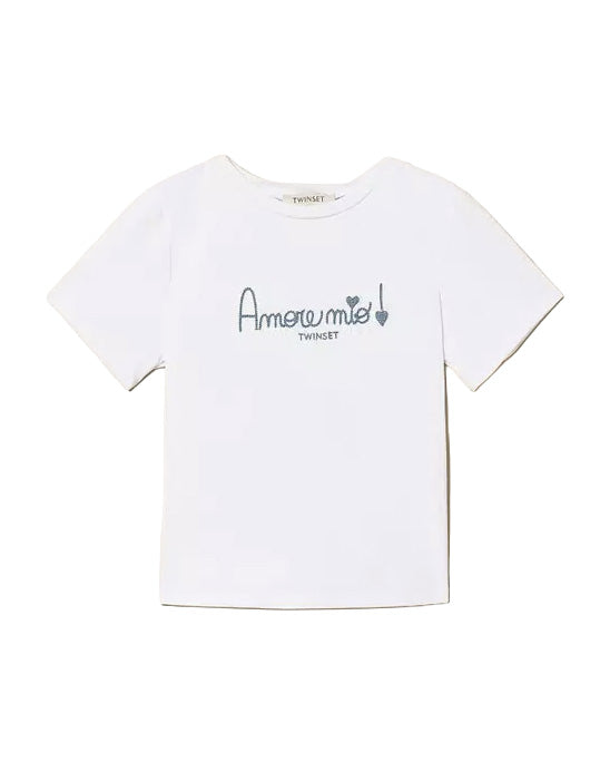 Twinset Kids T-Shirt Bianco con Ricamo Azzurro per Bambine e Neonate