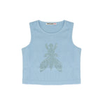 Patrizia Pepe Kids Top/Canotta Celeste a Coste con Logo in Strass per Bambine