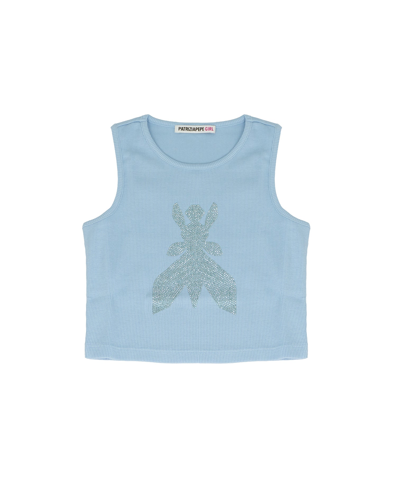 Patrizia Pepe Kids Top/Canotta Celeste a Coste con Logo in Strass per Bambine