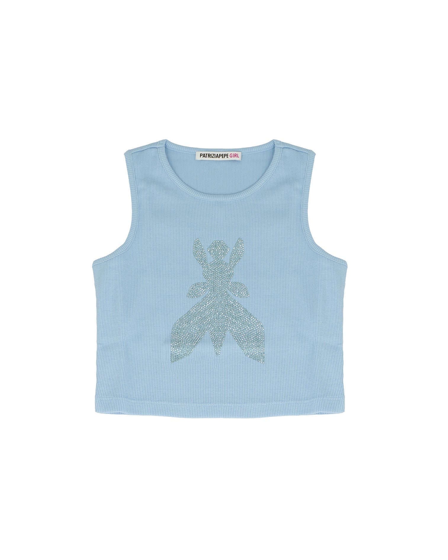 Patrizia Pepe Kids Top/Canotta Celeste a Coste con Logo in Strass per Bambine