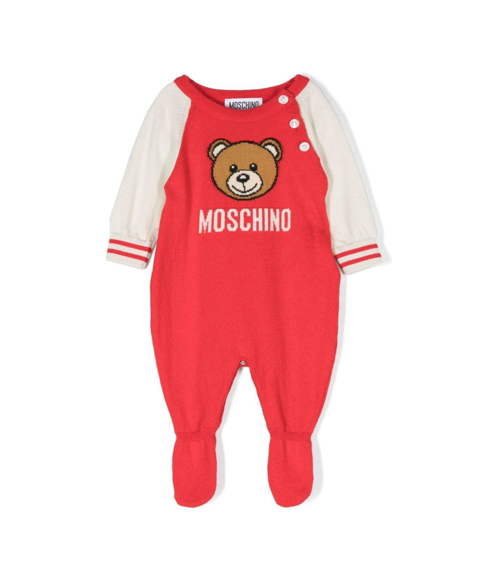 Moschino Kids Tutina Rossa in Lana con Teddy Bear per Neonati