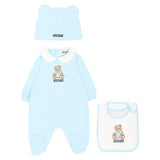 Moschino Kids Set Nascita Celeste con Tutina, Cappellino e Bavaglino con Stampa Teddy Bear Unisex