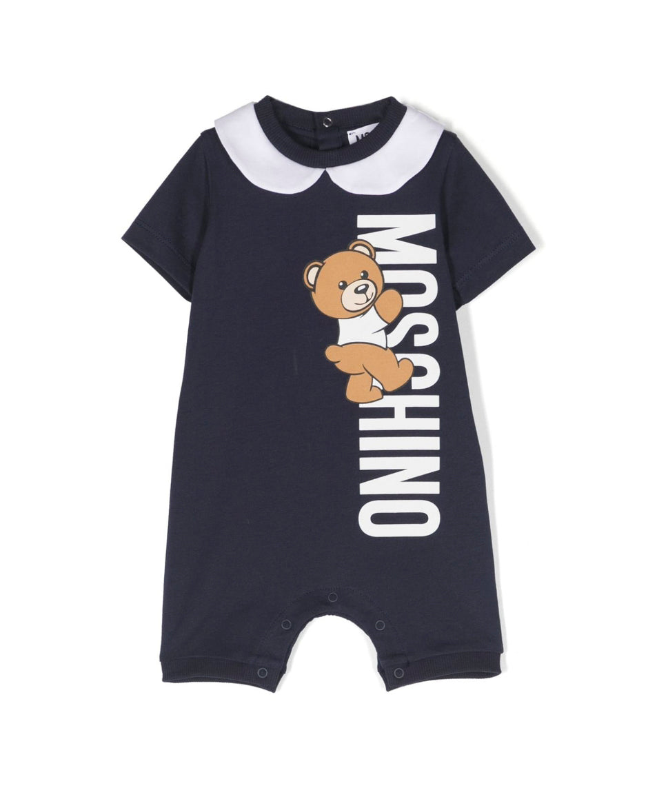 Moschino Kids Pagliaccetto Blu con Stampa Teddy Bear (fronte)