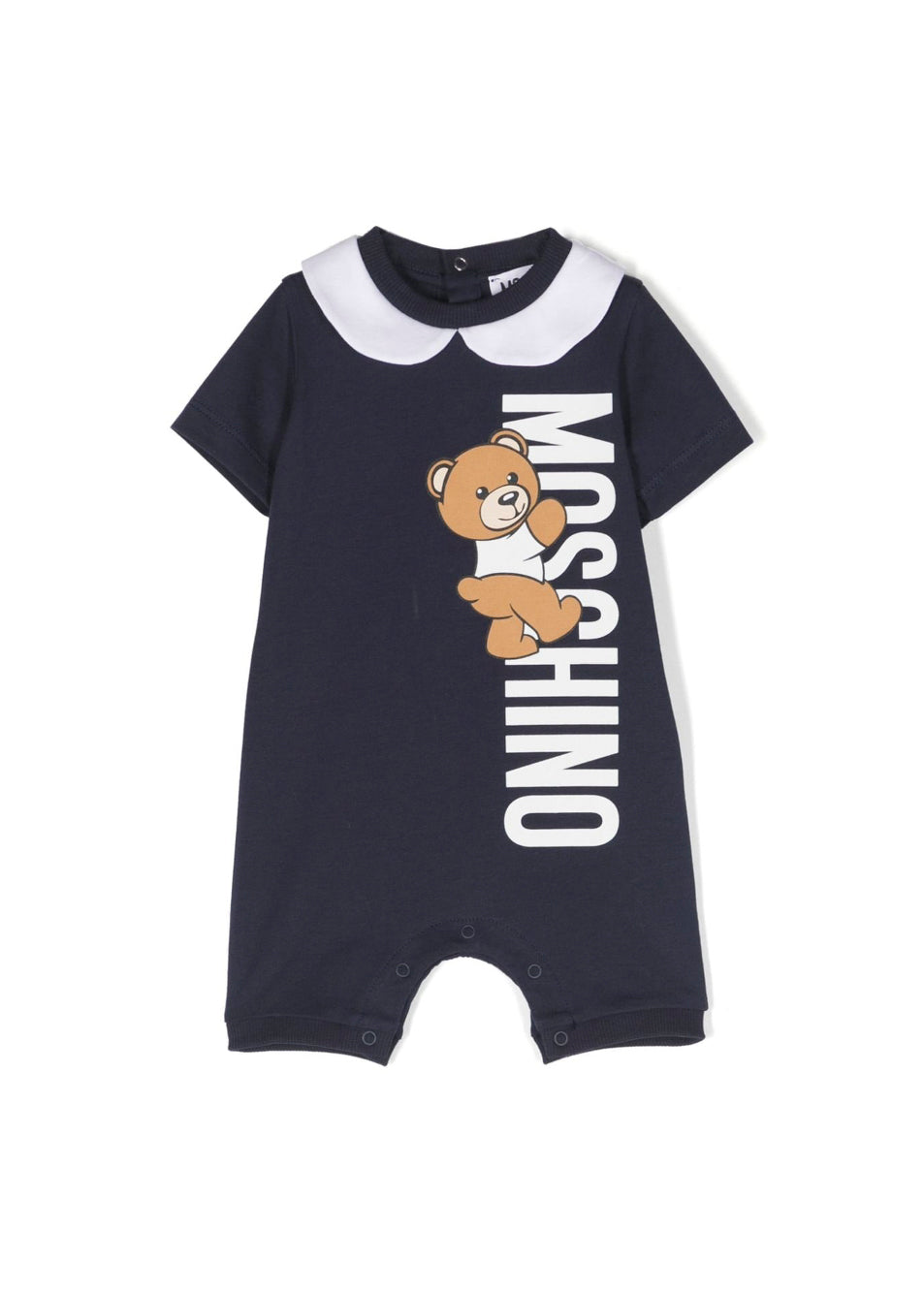 Moschino Kids Pagliaccetto Blu con Stampa Teddy Bear (fronte)