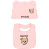 Moschino Kids Set Cappello e Bavetta Rosa con Stampa Logo Teddy per Neonate