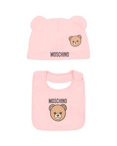 Moschino Kids Pink Teddy Logo Print Hat and Bib Set for Baby Girls