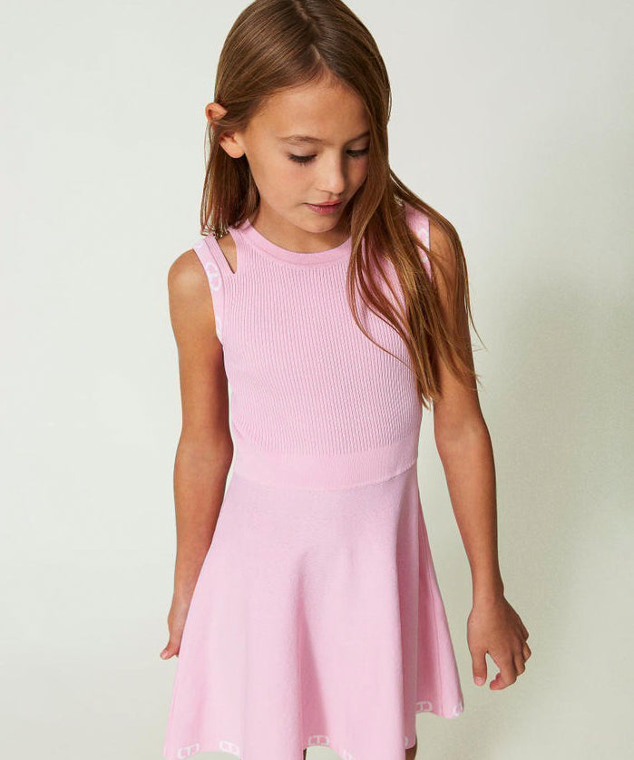 Twinset Kids Abito Corto Rosa con Logo Jacquard 