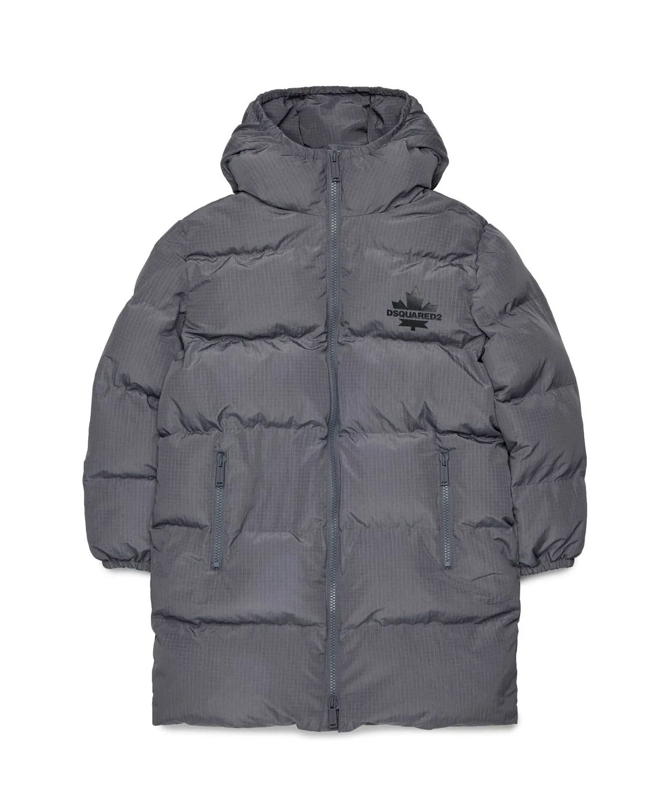 Dsquared2 Kids Piumino Lungo Antracite con Cappuccio e Logo Foglia per Bambini
