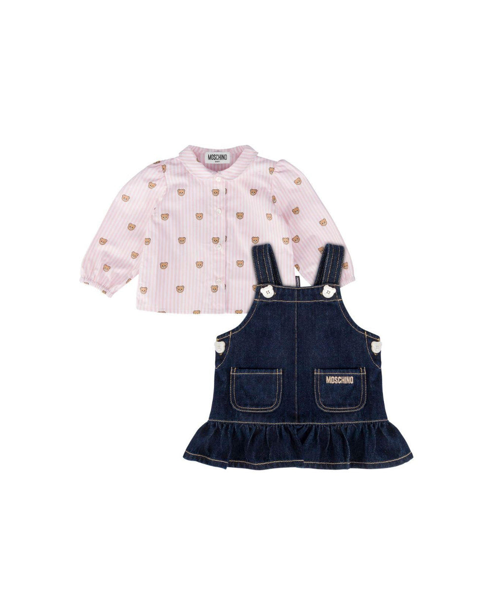 Moschino Kids Camicia a Righe Rosa con Salopette per Neonate