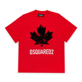 Dquared2 Kids T-shirt Rossa  con Stampa Logo Foglia a Contrasto Nera per Bambini