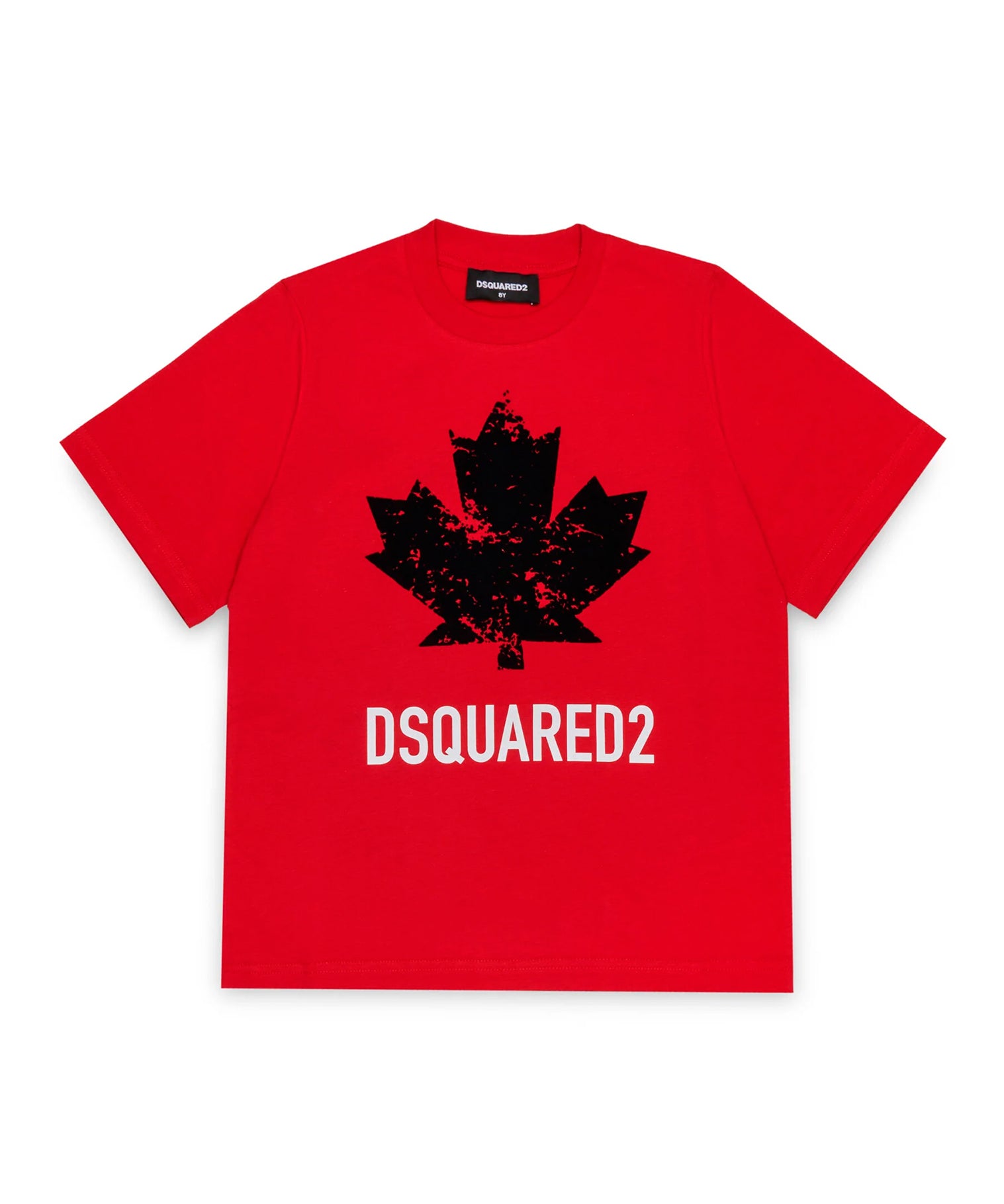 Dquared2 Kids T-shirt Rossa  con Stampa Logo Foglia a Contrasto Nera per Bambini