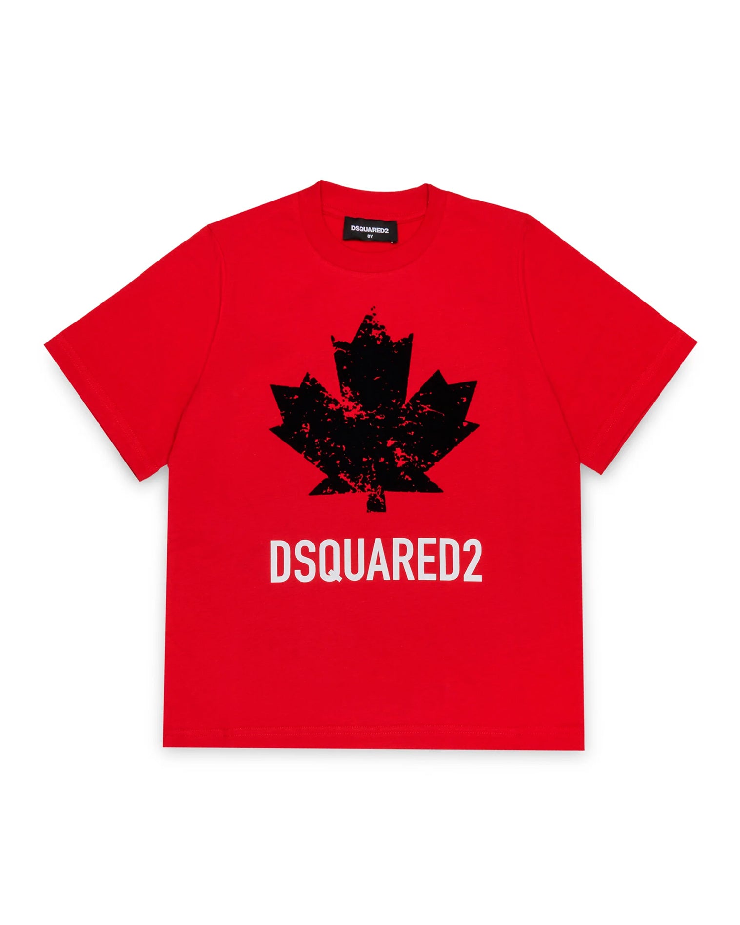 Dquared2 Kids T-shirt Rossa  con Stampa Logo Foglia a Contrasto Nera per Bambini