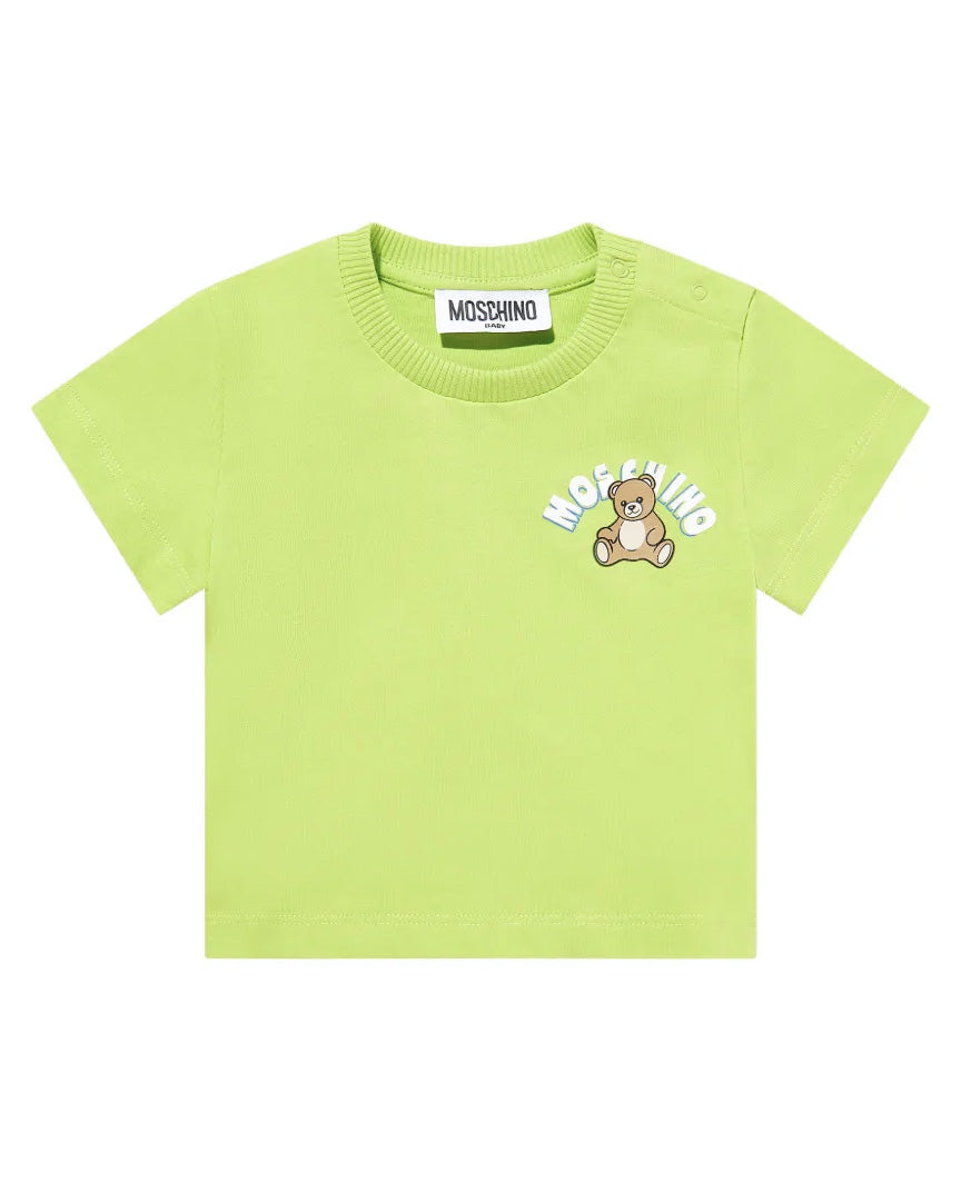 Moschino Kids T-Shirt Verde con Logo Teddy Bear per Neonati