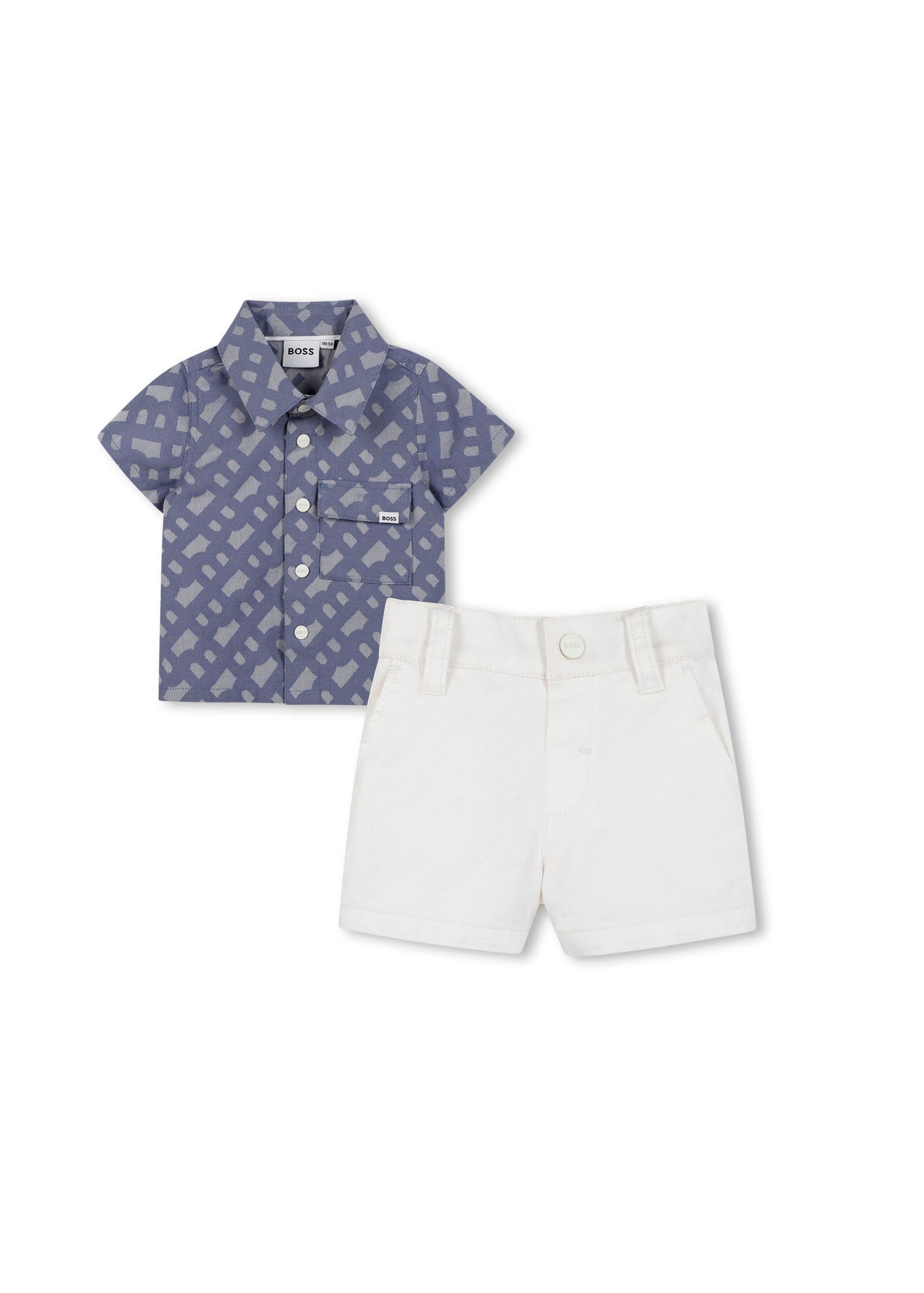 Boss Kids Camicia Jacquard Blu con Short Bianco per Neonati