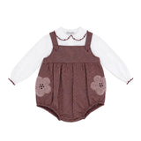 Barcellino Kids Completo 2pz Tutina Bianco e Salopette Bordeaux a Quadri con Fiori Ricamati per Neonate
