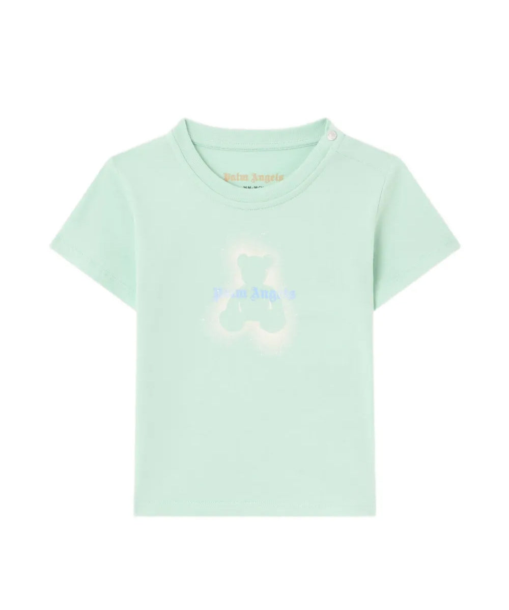 Palm Angels Kids T-Shirt Verde Chiaro Stampa Teddy con Logo per Neonate