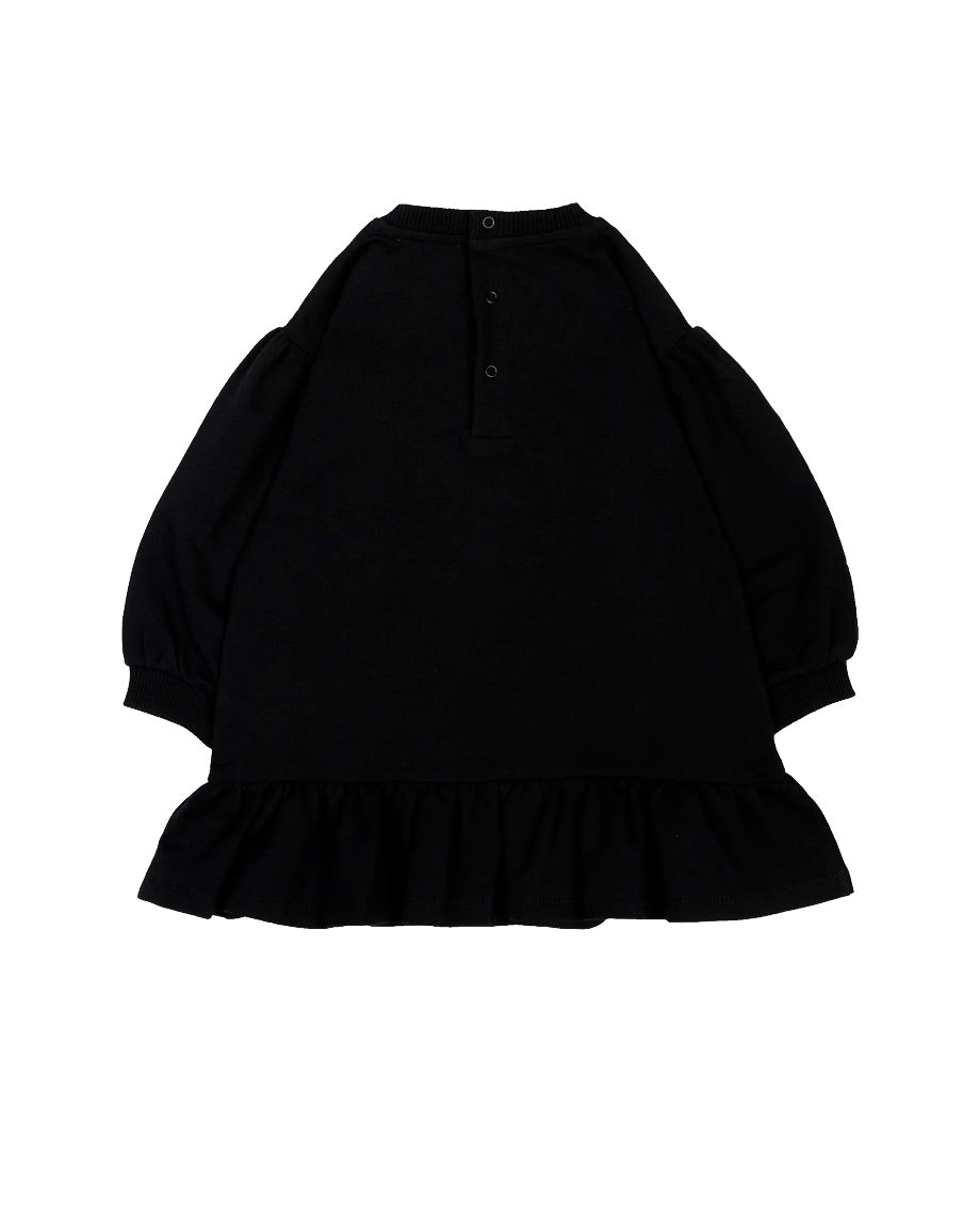 Moschino Kids Vestito Nero con Balza e Stampa Teddy Bear con Cuori per Neonate