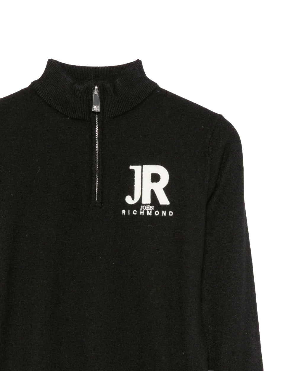 John Richmond Kids Maglione Nero con Mezza Zip e Logo Ricamato Bianco per Bambini