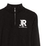 John Richmond Kids Maglione Nero con Mezza Zip e Logo Ricamato Bianco per Bambini