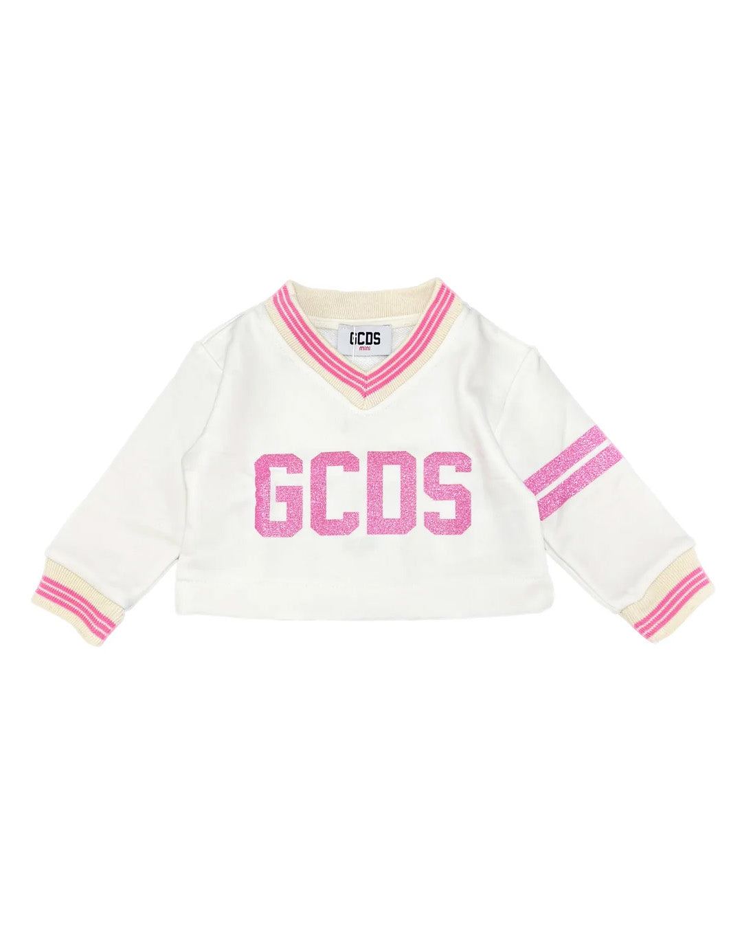 Gcds Kids Felpa Crop Latte con Logo Rosa Glitter per Neonate