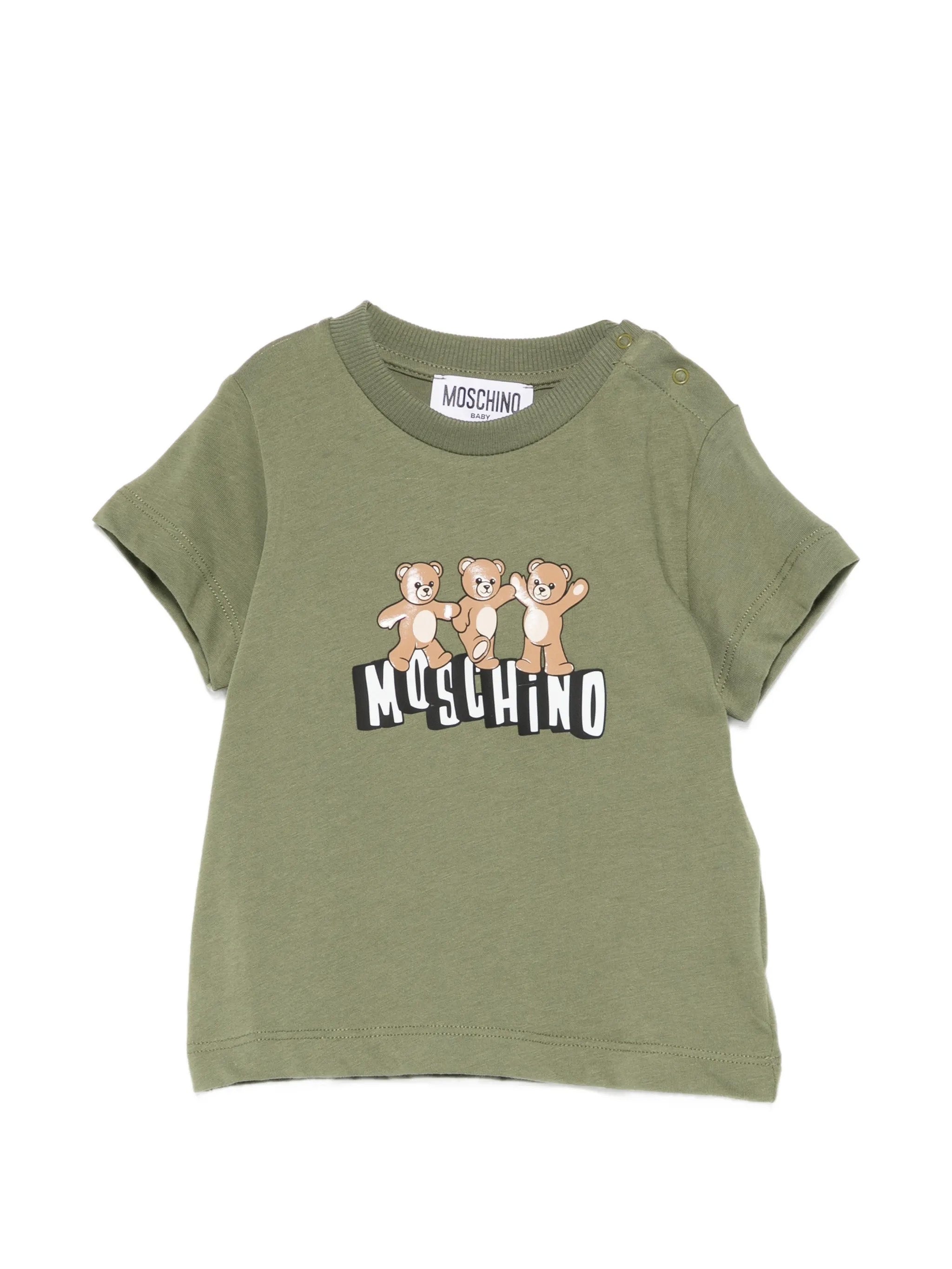 Moschino Kids T-Shirt Verde con Logo Teddy Bear per Neonati