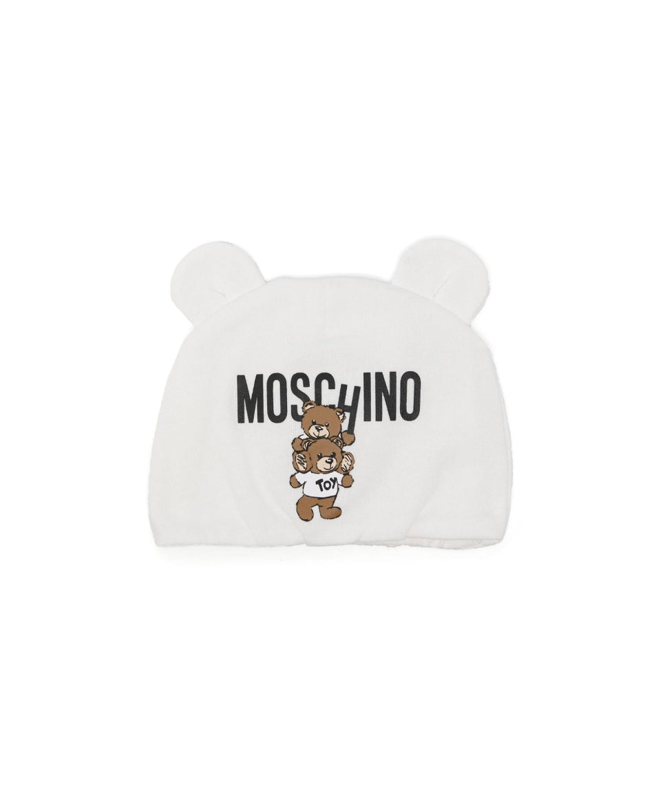Moschino Kids Cappellino Panna con Stampa Logo Teddy Bear per Neonati 
