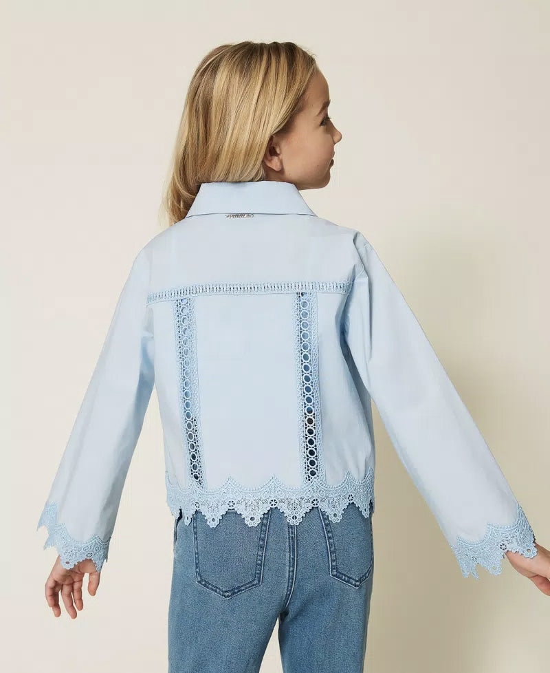Twinset Kids Camicia Cielo con Inserti in Pizzo per Bambine