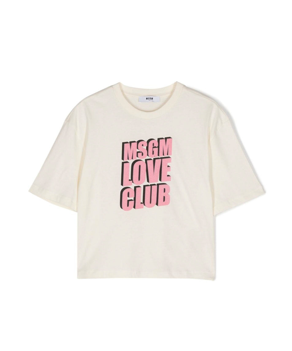 MSGM Kids T-Shirt Crop Crema con Stampa Logo per Bambine