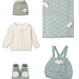 Marlù Set Completo 3pz Camicetta+Maglioncino+Salopette+Scarpine+Cappello Verde Lichene e Vaniglia per Neonati