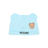 Moschino Kids Set Cappello e Bavetta Celeste con Stampa Logo Teddy per Neonati