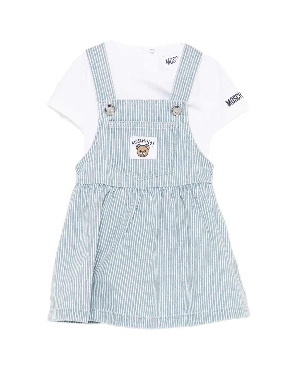 Moschino Kids T-Shirt Bianco e Salopette a Righe per Neonate