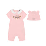 Moschino Kids Pagliaccetto+Cappello Rosa con Logo Teddy Bear per Neonati