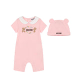 Moschino Kids Pagliaccetto+Cappello Rosa con Logo Teddy Bear per Neonati