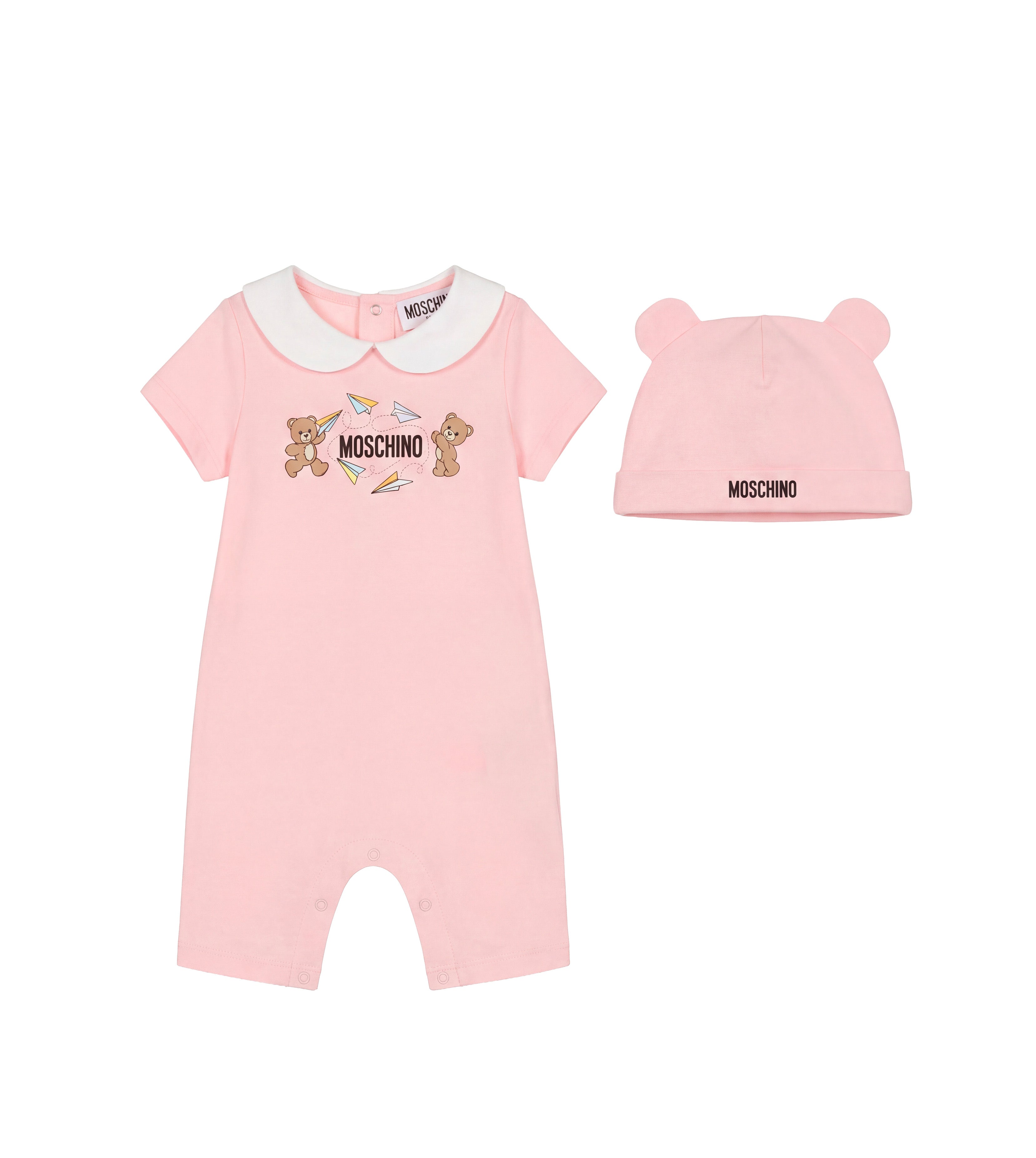 Moschino Kids Pagliaccetto+Cappello Rosa con Logo Teddy Bear per Neonati