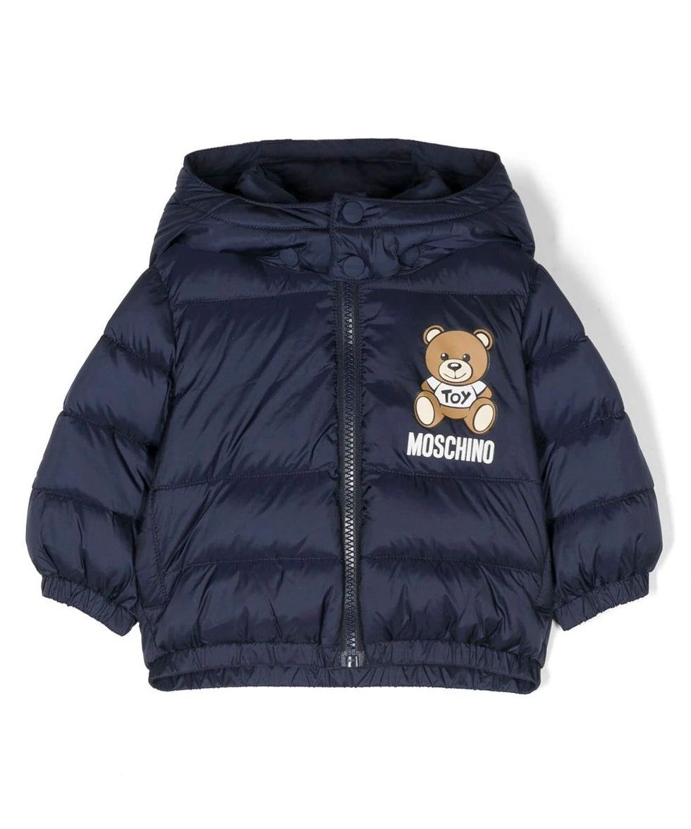 Piumino con Cappuccio Moschino Kids Blu Notte: Calore e Stile per i Neonati
