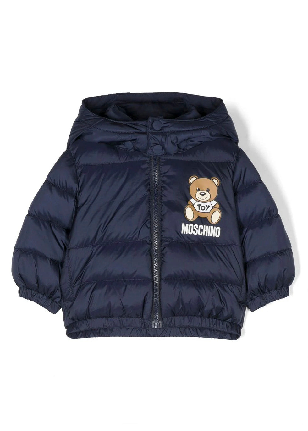 Piumino con Cappuccio Moschino Kids Blu Notte: Calore e Stile per i Neonati