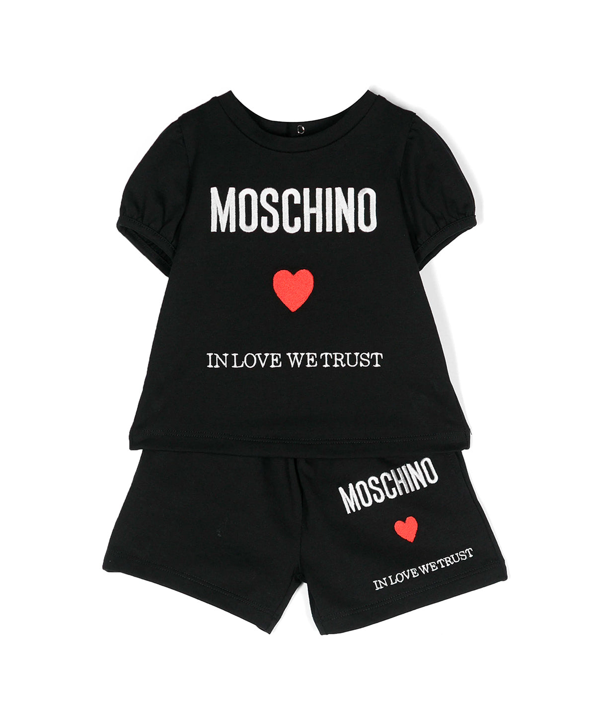 Moschino Kids Set T-Shirt e Short Nero con Cuore per Neonate