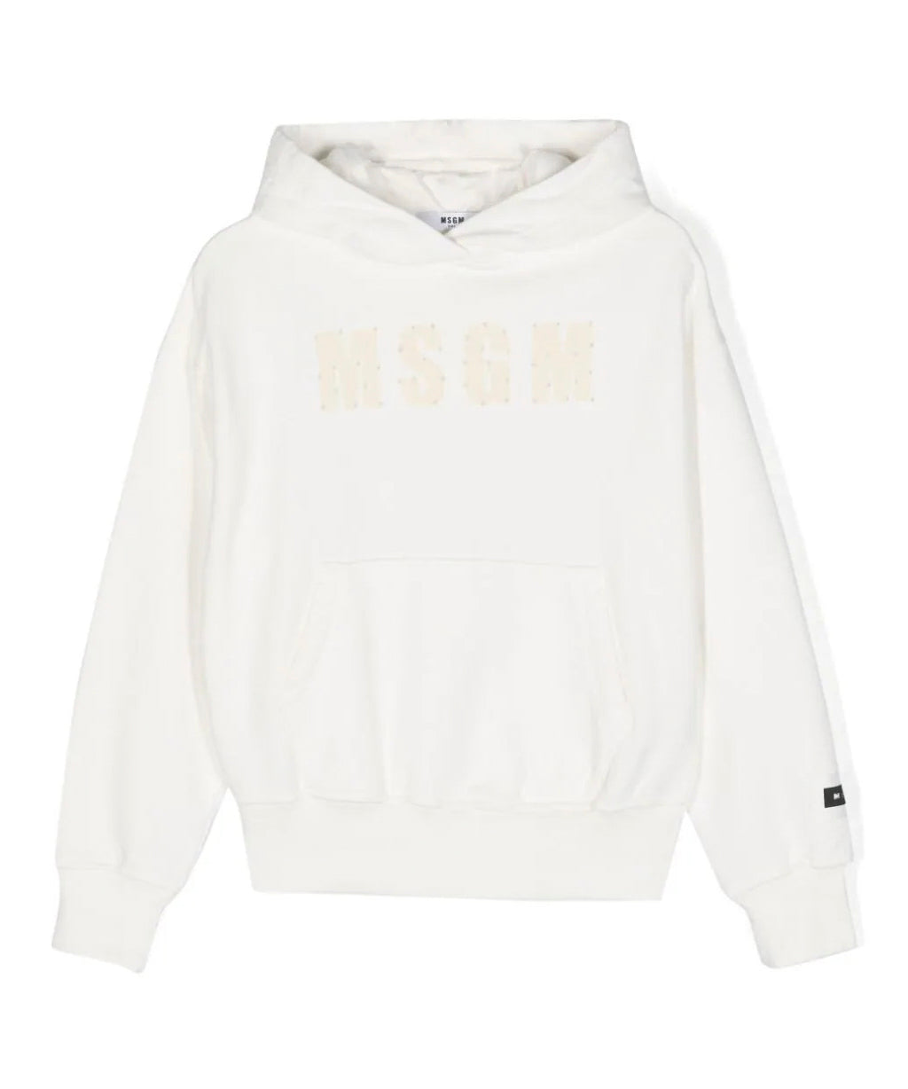 Felpa con Cappuccio MSGM Kids Bianco Crema | Effetto Vissuto | Stampa Logo Frontale | Tasca Marsupio
